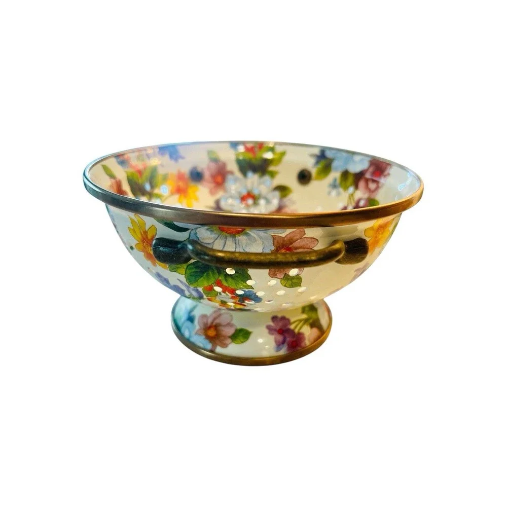 Mackenzie Childs Enamel Colander Decor Kitchen Strainer White Flower Market 6”
